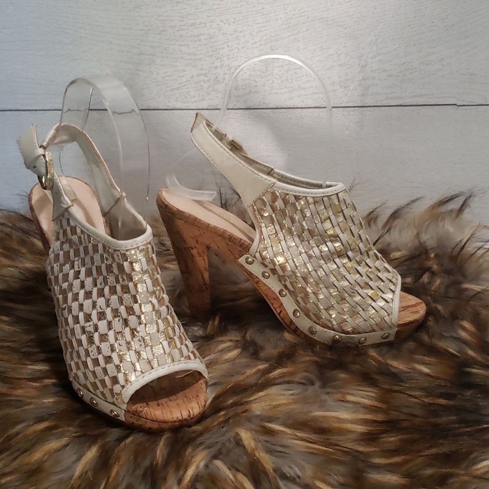 Elliot Lucca 6 high cork heel white abd gold woven leather open toe platforms